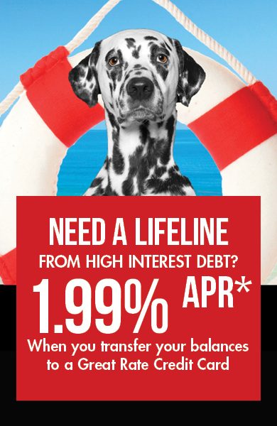 Image of Sparky the dalmation with a life preserver. Need a lifeline from high interest debt?
