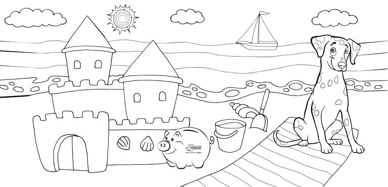 Coloring page image of Sparky the dog and Smokey the pig at the beach building a sand castle.