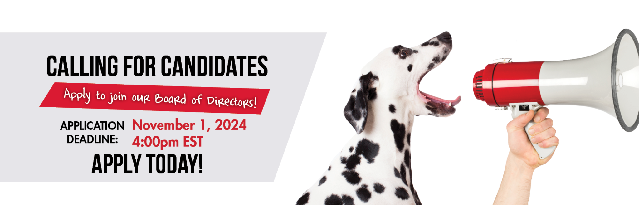 Call of nominees! Join the FFCCU Board of Directors. Image of Sparky the dalmatian with a bullhorn calling for nominees.