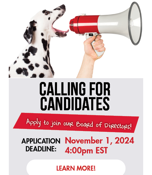 Call of nominees! Join the FFCCU Board of Directors. Image of Sparky the dalmatian with a bullhorn calling for nominees.