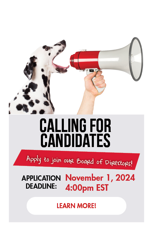 Call of nominees! Join the FFCCU Board of Directors. Image of Sparky the dalmatian with a bullhorn calling for nominees.