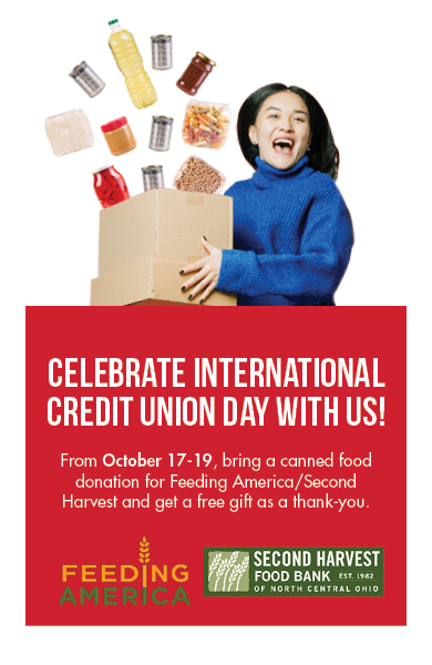 Celebrate International Credit Union Day with us! October 17 - 19, 2024. Image of a woman donating a bag of canned and non-perishable goods.