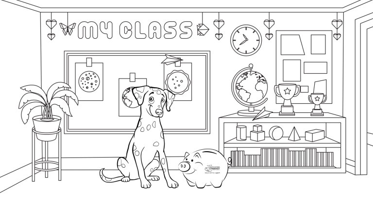 A coloring page of Sparky the Dog and Smokey the Pig in a Classroom