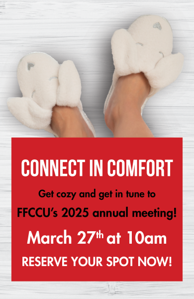 FFCCU Annual Meeting 2025 - Connect in Comfort. Image of a person in comfy slippers.